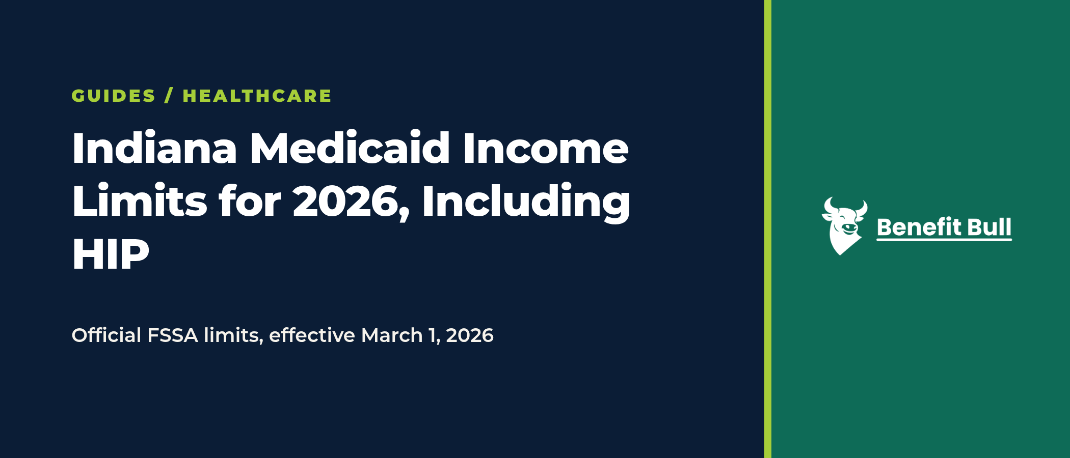 Benefit Bull title graphic reading Indiana Medicaid Income Limits for 2026, Including HIP, with the Benefit Bull logo.