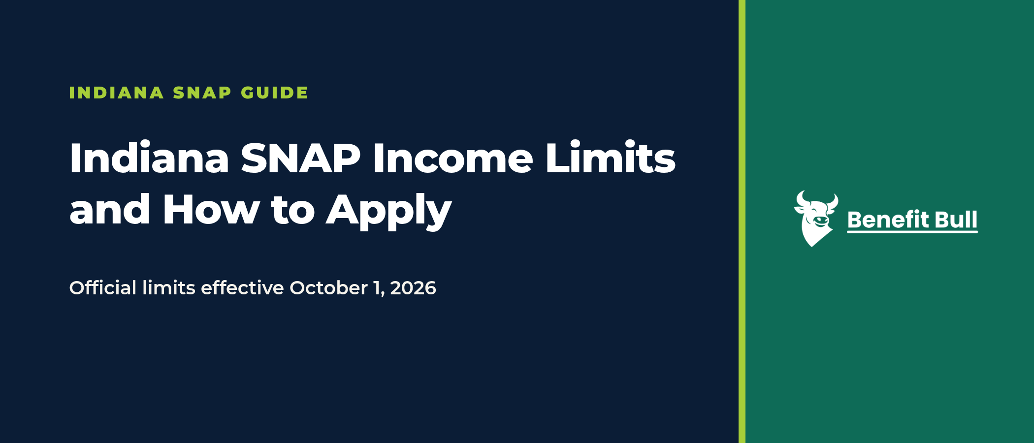 Title graphic on a navy and green background reading Indiana SNAP Income Limits and How to Apply, with the note Official limits effective October 1, 2026, and the Benefit Bull logo.