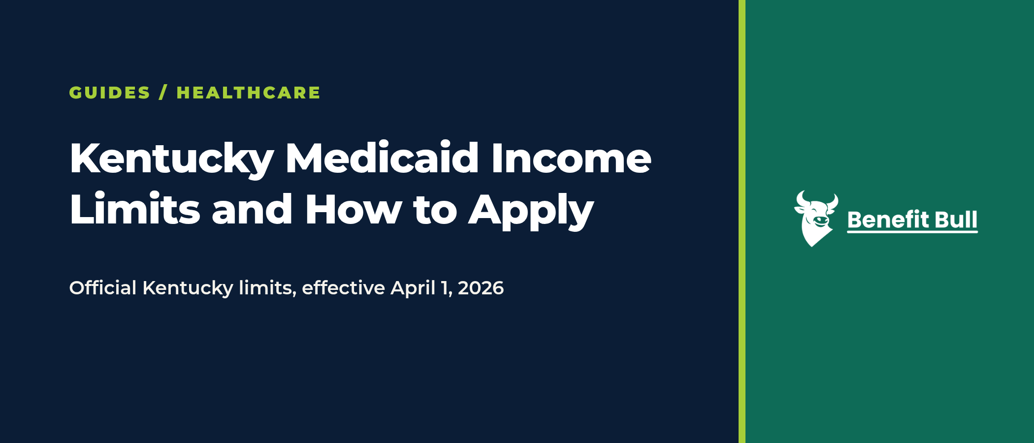 Benefit Bull title graphic reading Kentucky Medicaid Income Limits and How to Apply, with the note Official Kentucky limits, effective April 1, 2026, and the Benefit Bull logo.