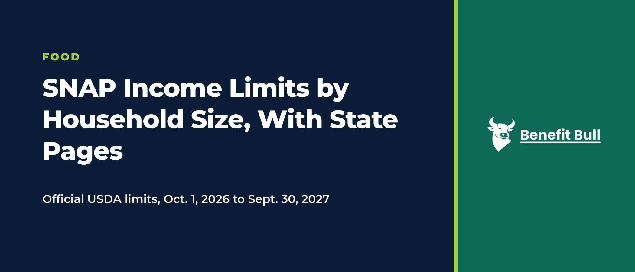 Title graphic on a navy and green background reading SNAP Income Limits by Household Size, With State Pages, with the note Official USDA limits, Oct. 1, 2026 to Sept. 30, 2027, and the Benefit Bull logo.