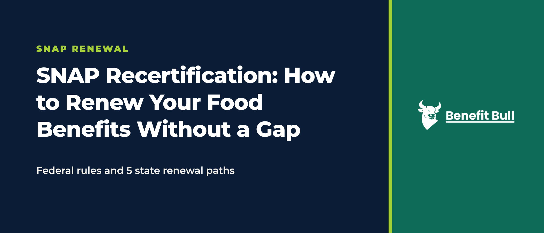 Title graphic on a navy and green background reading SNAP Recertification: How to Renew Your Food Benefits Without a Gap, with the note Federal rules and 5 state renewal paths, and the Benefit Bull logo.