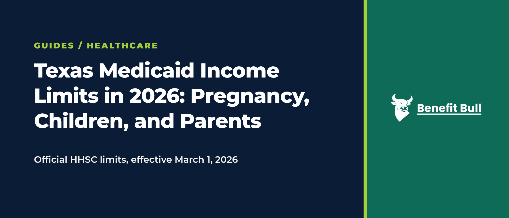 Benefit Bull title graphic reading Texas Medicaid Income Limits in 2026: Pregnancy, Children, and Parents, with the Benefit Bull logo.
