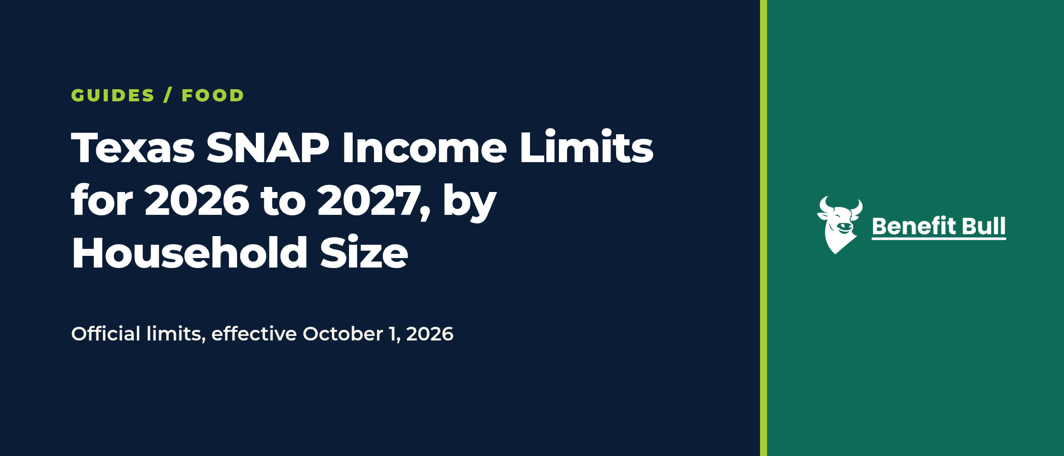 Benefit Bull title graphic reading Texas SNAP Income Limits for 2026 to 2027, by Household Size, with the Benefit Bull logo.
