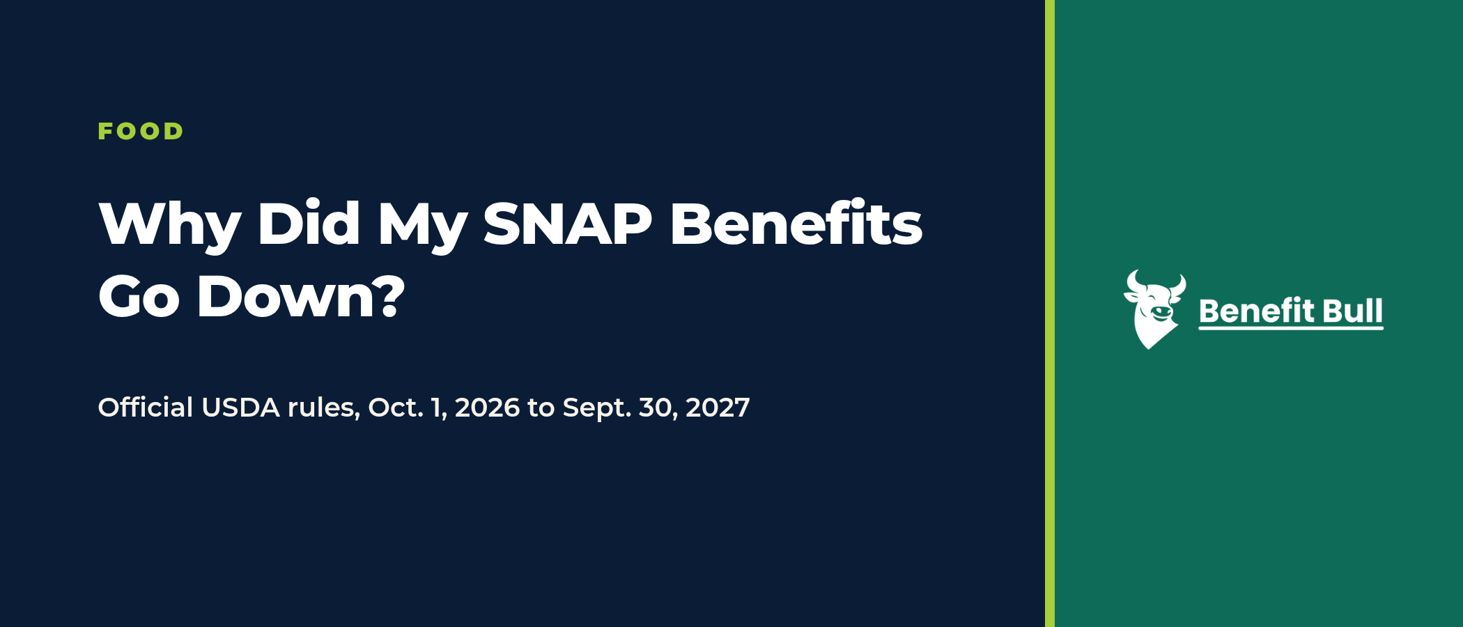 Title graphic on a navy and green background reading Why Did My SNAP Benefits Go Down?, with the note Official USDA rules, Oct. 1, 2026 to Sept. 30, 2027, and the Benefit Bull logo.