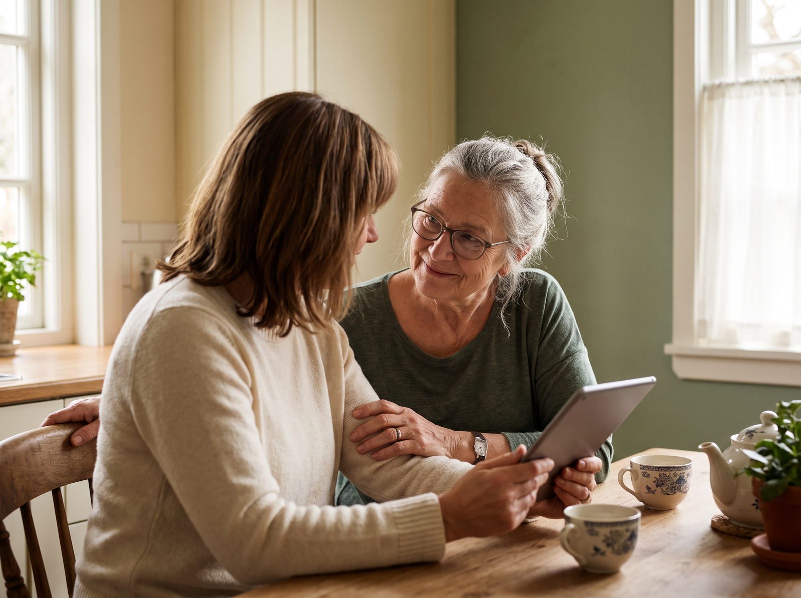A daughter helping her mother look at a tablet in the living room