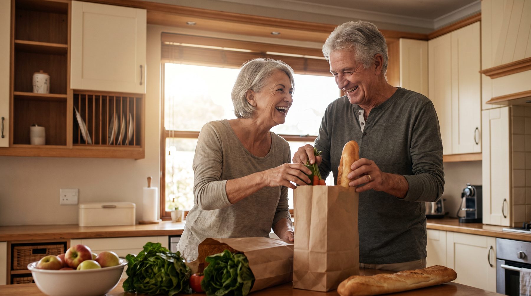 A couple unpacking groceries together in their kitchen