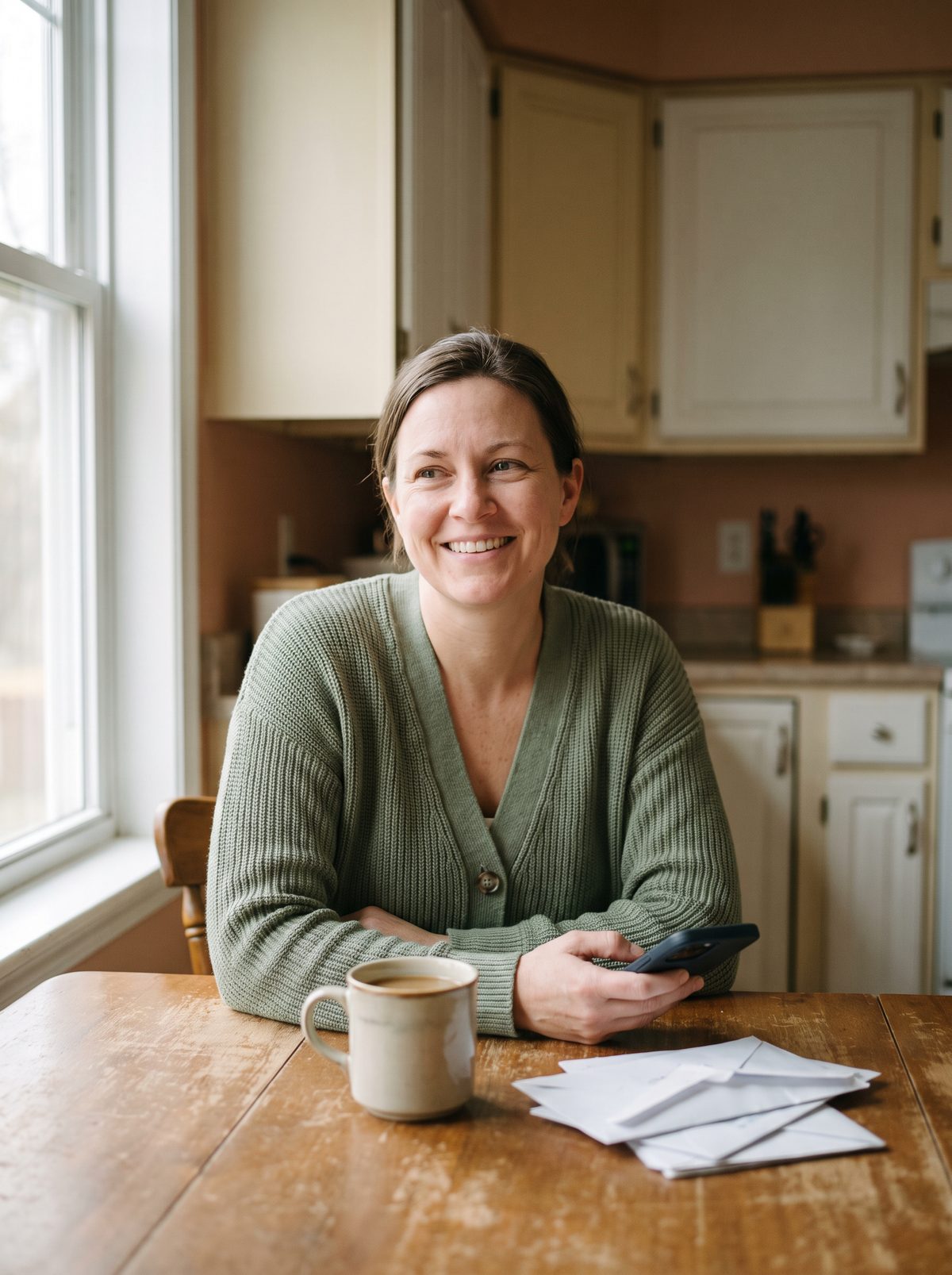 A woman at her kitchen table smiling at a new benefit match on her phone