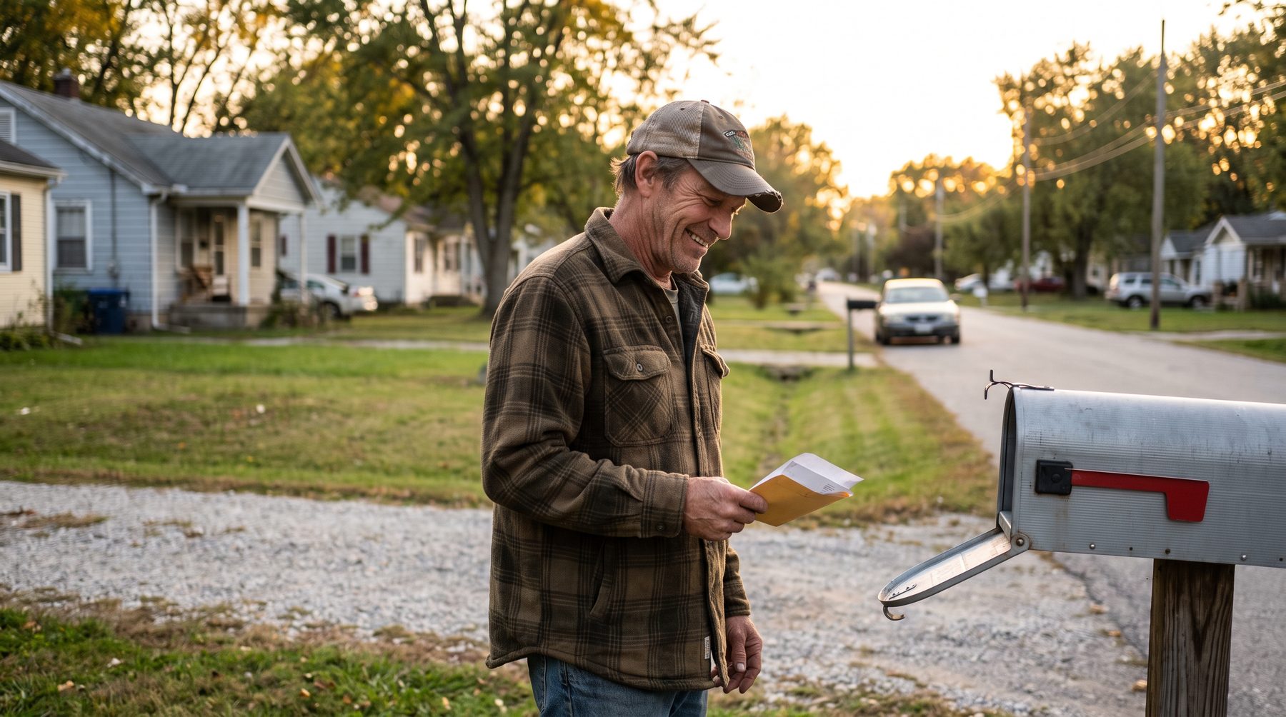 A man at his mailbox reading an approval letter