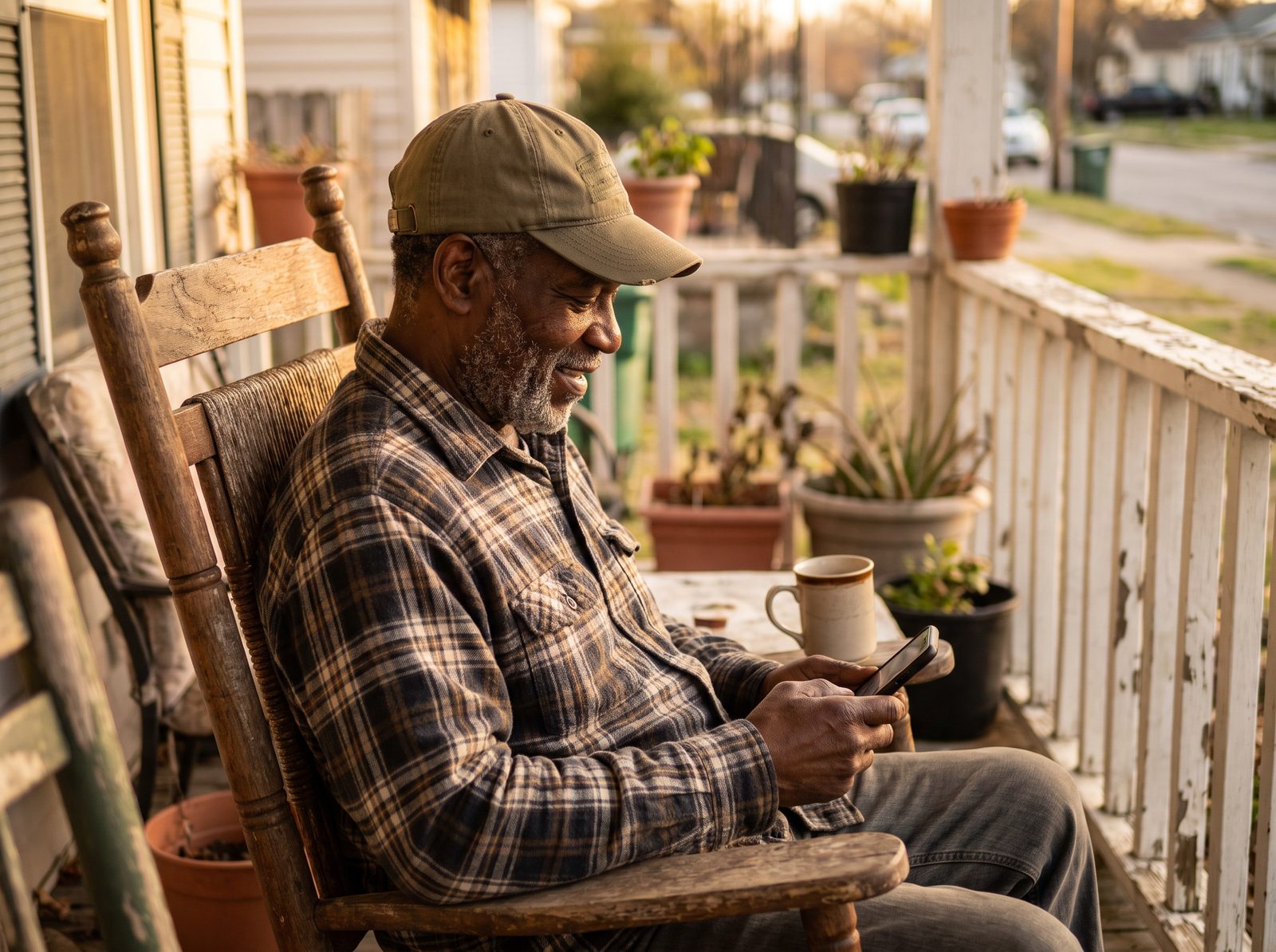 A veteran having morning coffee on his porch