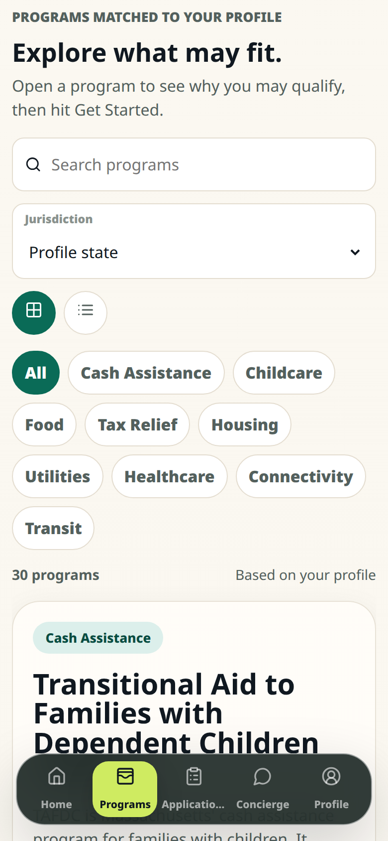 Benefit Bull programs list filtered to programs matched to your profile